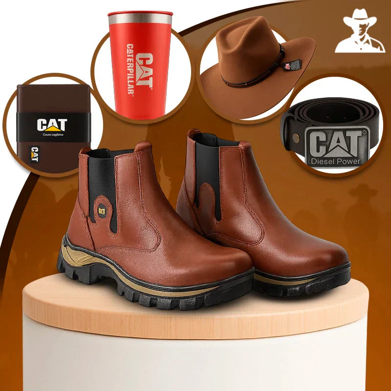 Kit Caterpillar - Bota Masculina em Couro Legítimo e Palmilha Ortopédica + Brindes Exclusivos